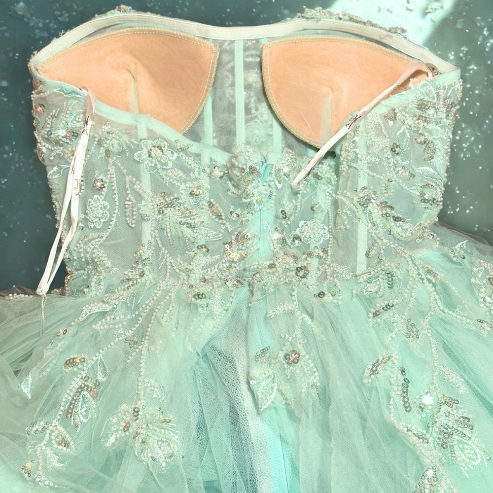 Mac Duggal 20542 Aqua Tulle Embellished Sweetheart Neckline Gown Size 0 NWT - Picture 8 of 10